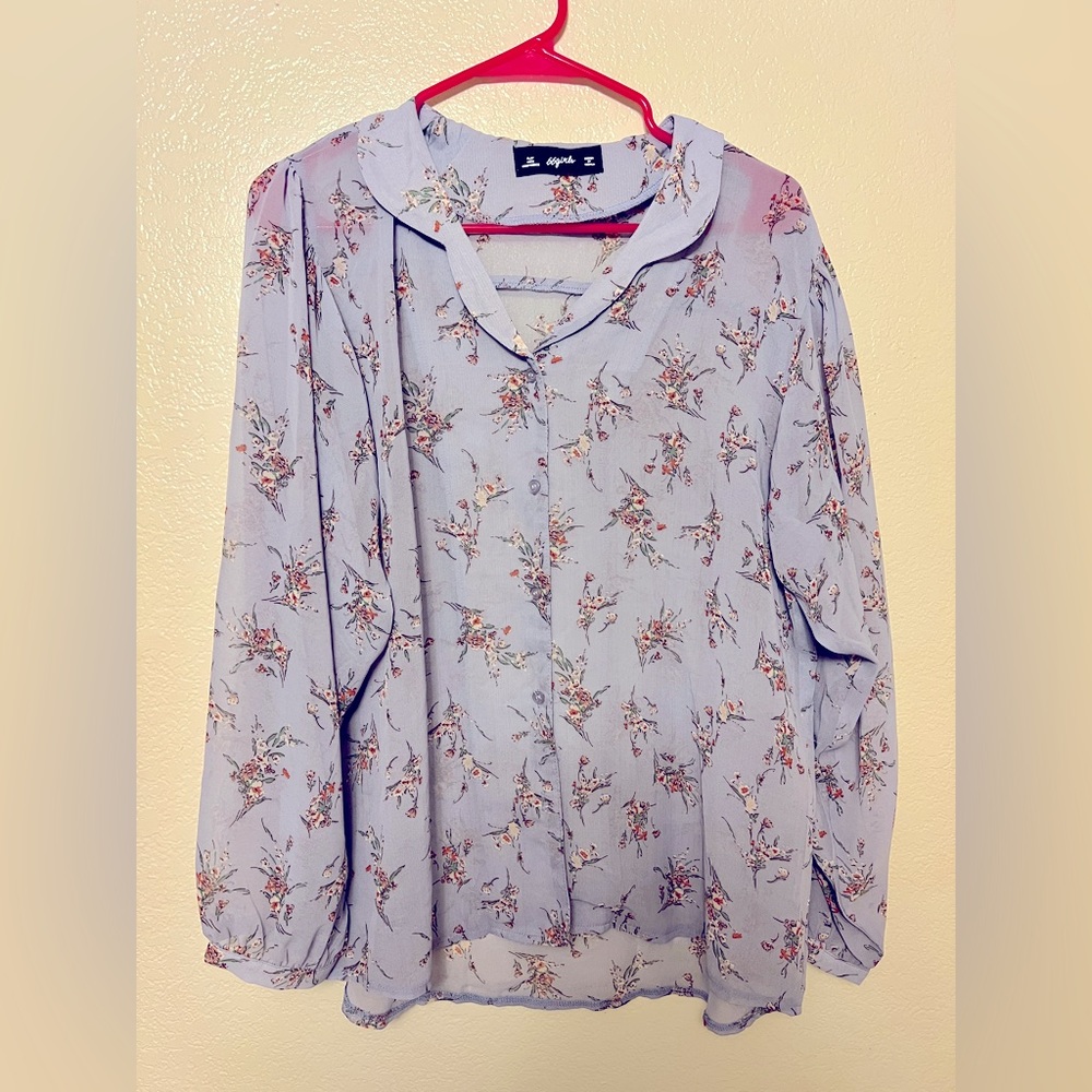 Korean Brand 66Girls - Sky Blue Collared Floral Blouse (Kim Dao's PICK!)
